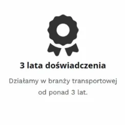 Ikona odznaki z napisem '3 lata doświadczenia' i tekstem 'Działamy w branży transportowej od ponad 3 lat'.