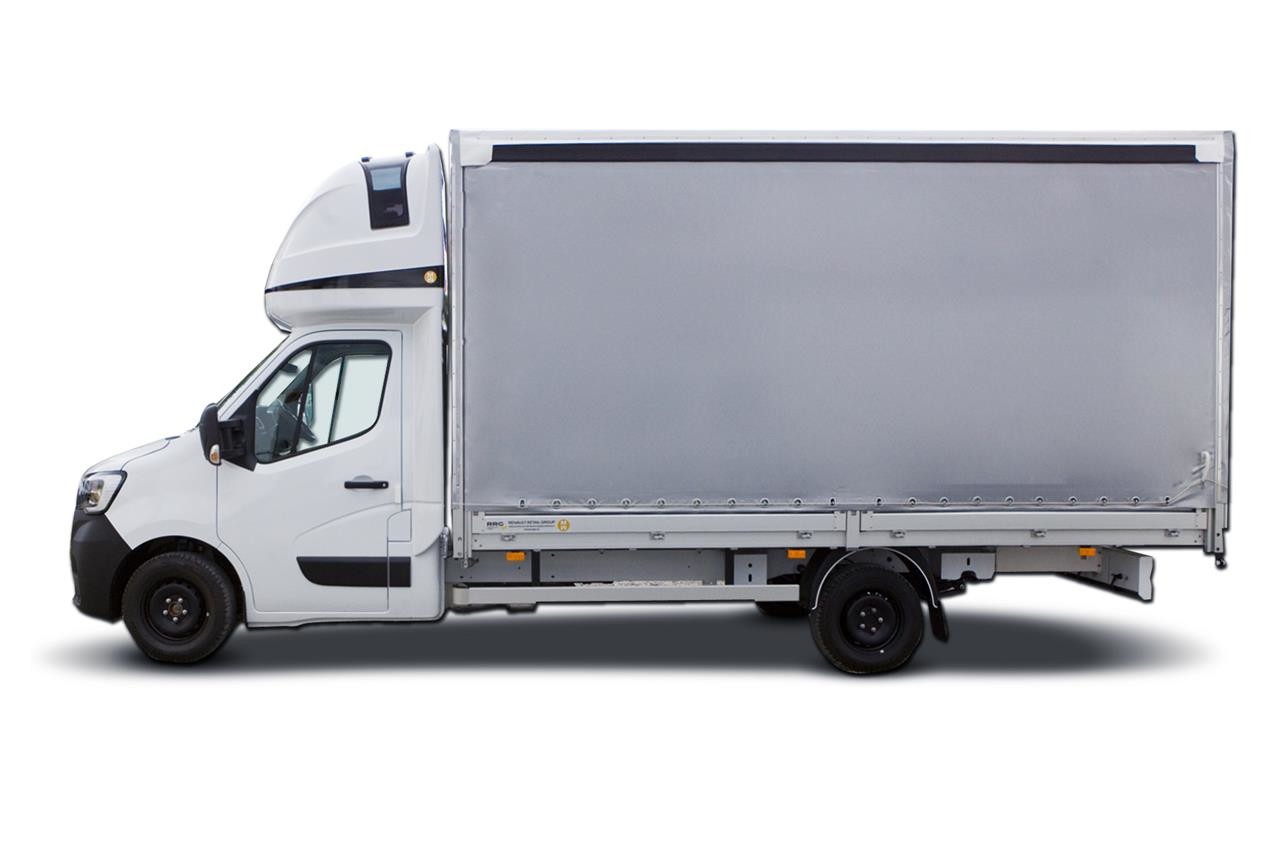 Biały samochód dostawczy z zabudową kontenerową, widok z boku, na białym tle.