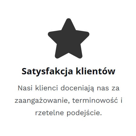 Grafika z czarną gwiazdą, tekstem 'Satysfakcja klientów' oraz opisem 'Nasi klienci doceniają nas za zaangażowanie, terminowość i rzetelne podejście'.