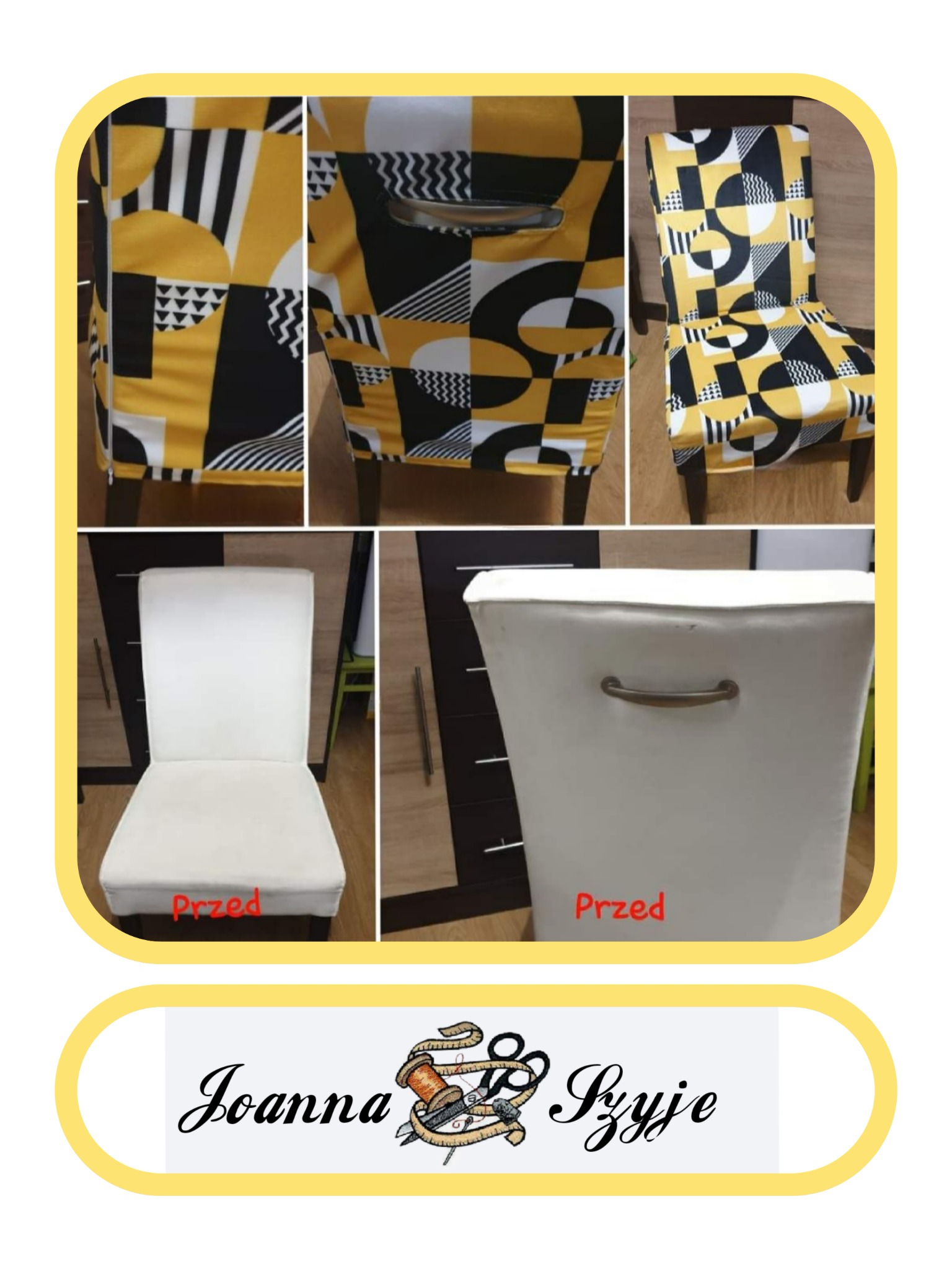 Kompozycja zdjęć krzesła przed i po założeniu pokrowca z geometrycznym wzorem w kolorach żółtym, czarnym i białym, widoczne detale zamka błyskawicznego.