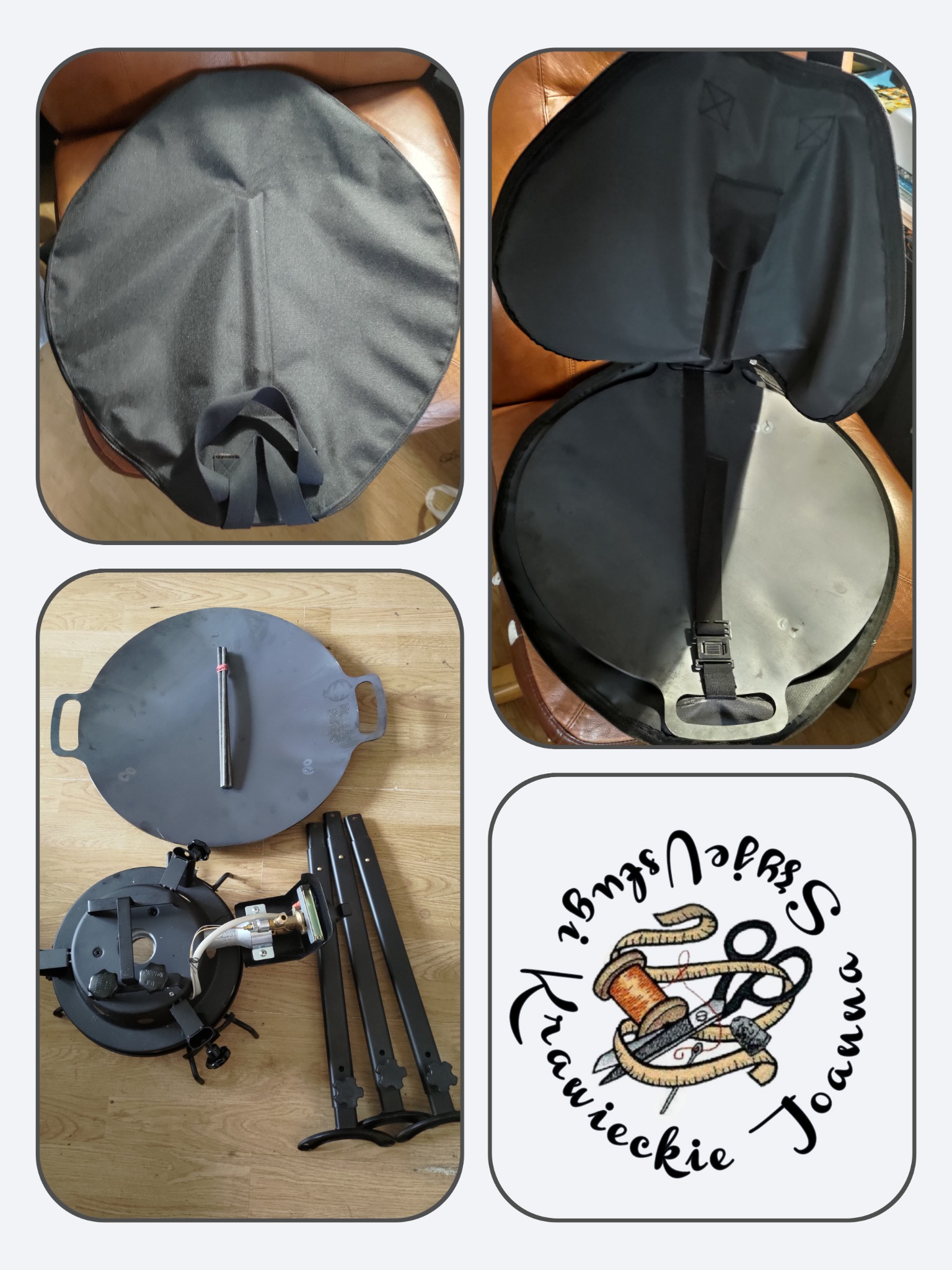 Zestaw do gotowania na zewnątrz: pokrowiec transportowy z uchwytami, rozłożona patelnia z rączkami, palnik gazowy z nóżkami oraz logo firmy krawieckiej.