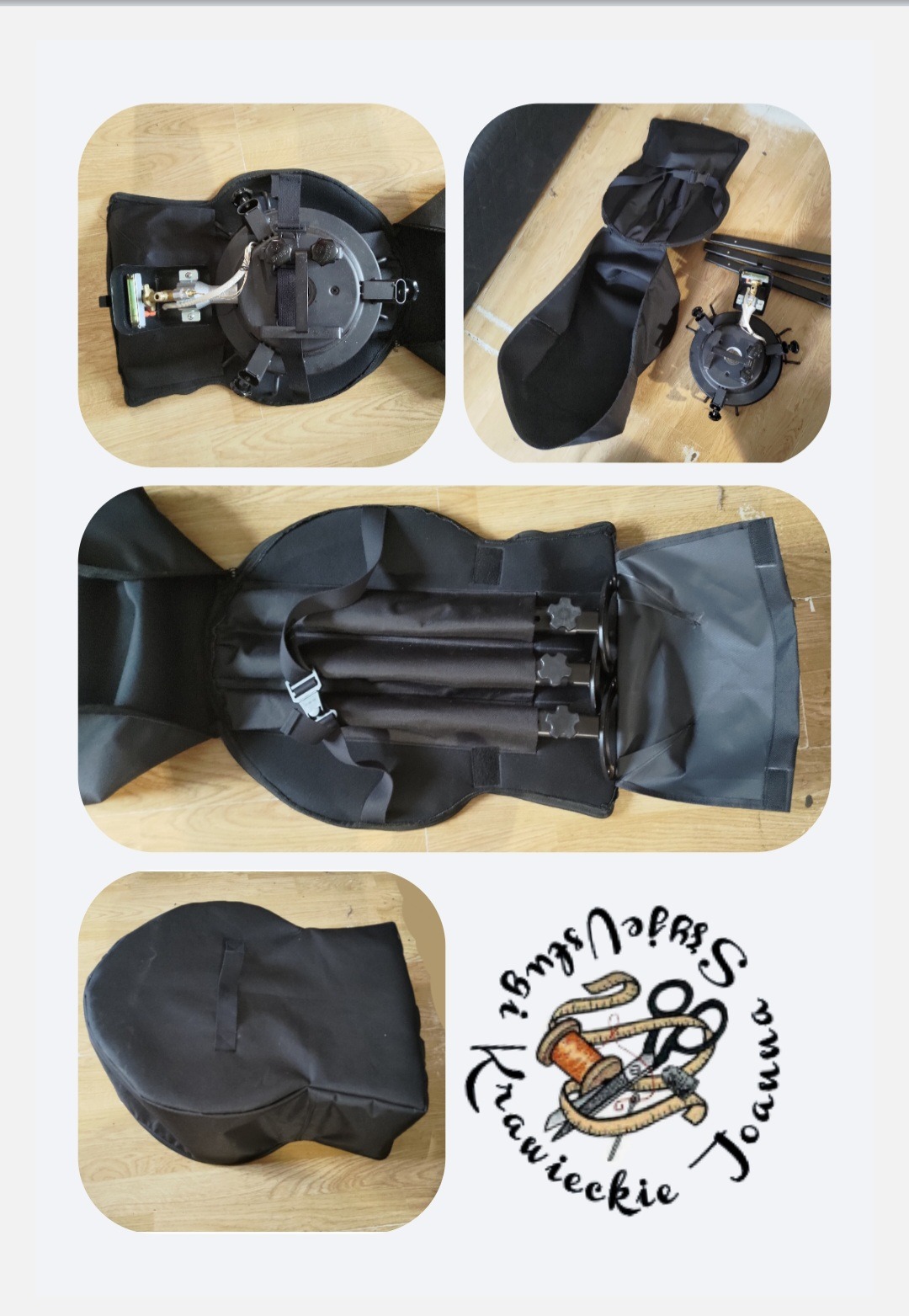 Czarny pokrowiec na statyw oświetleniowy z widocznymi elementami statywu, na drewnianej podłodze, obok logo firmy krawieckiej.