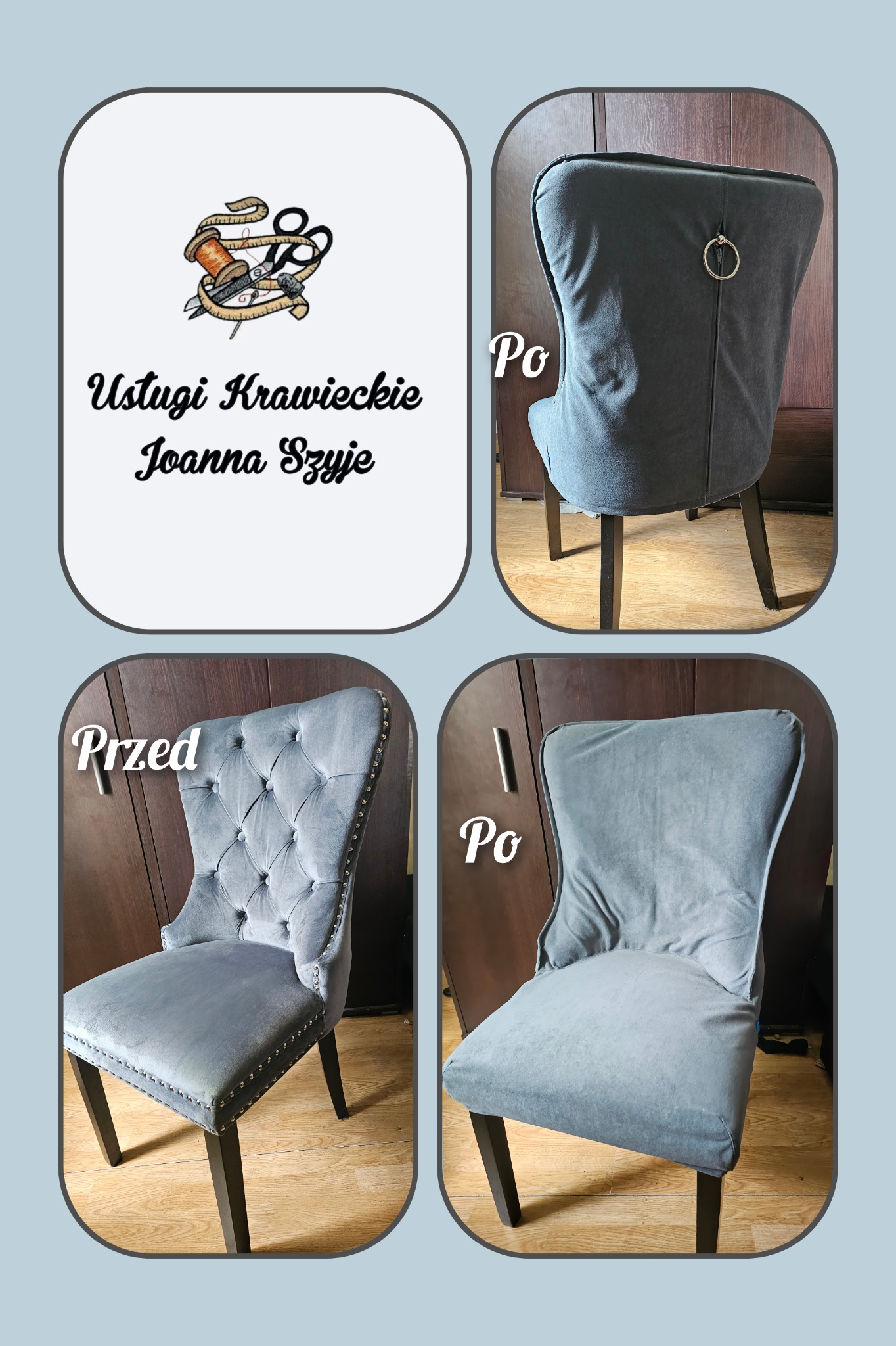 Kolaż przedstawiający krzesło przed i po renowacji, z nowym obiciem w odcieniach szarości, oraz logo firmy krawieckiej z igłą, nicią i nożyczkami.