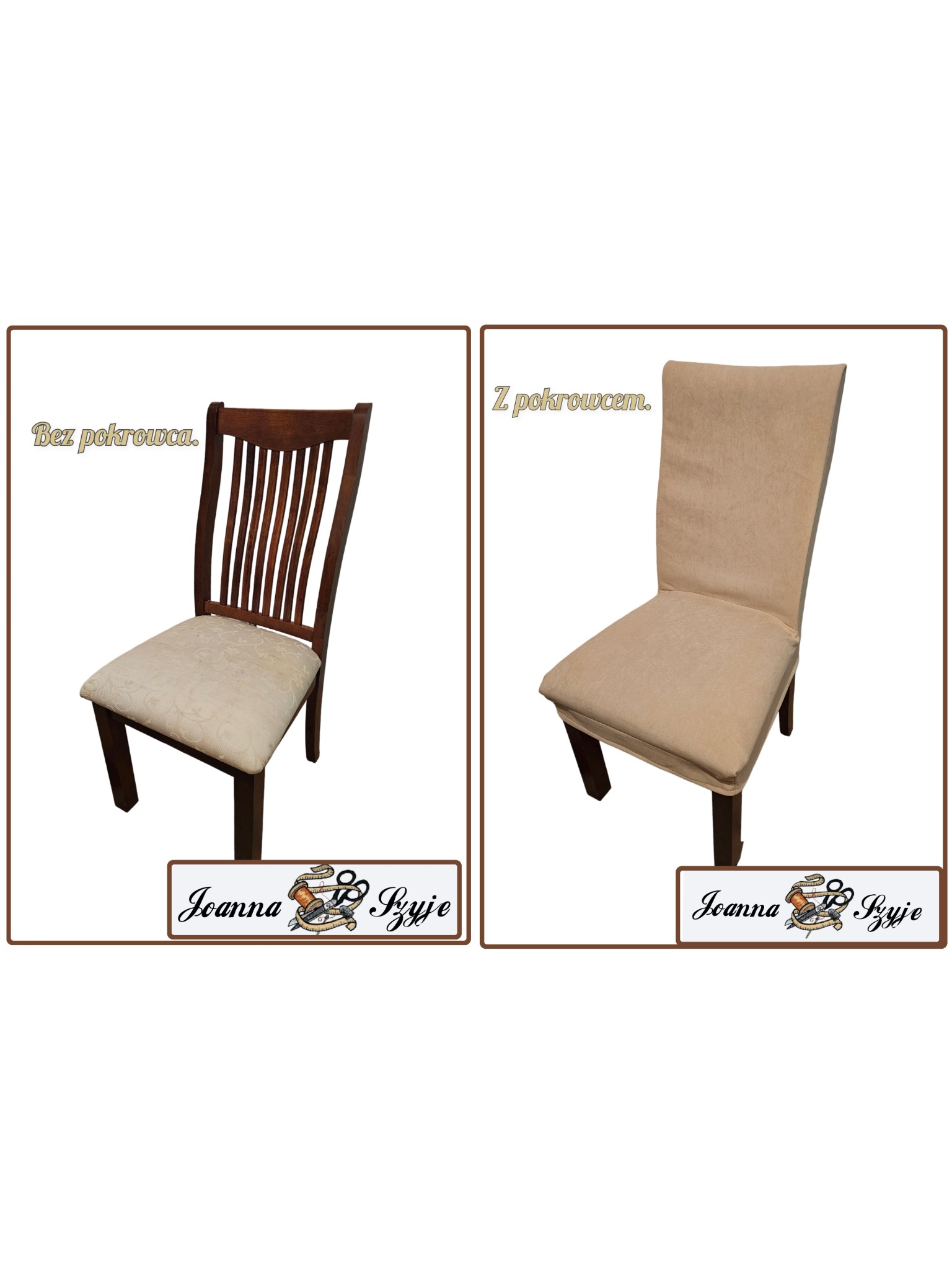 Porównanie krzesła przed i po założeniu beżowego pokrowca, prezentacja firmy Joanna Szyje.