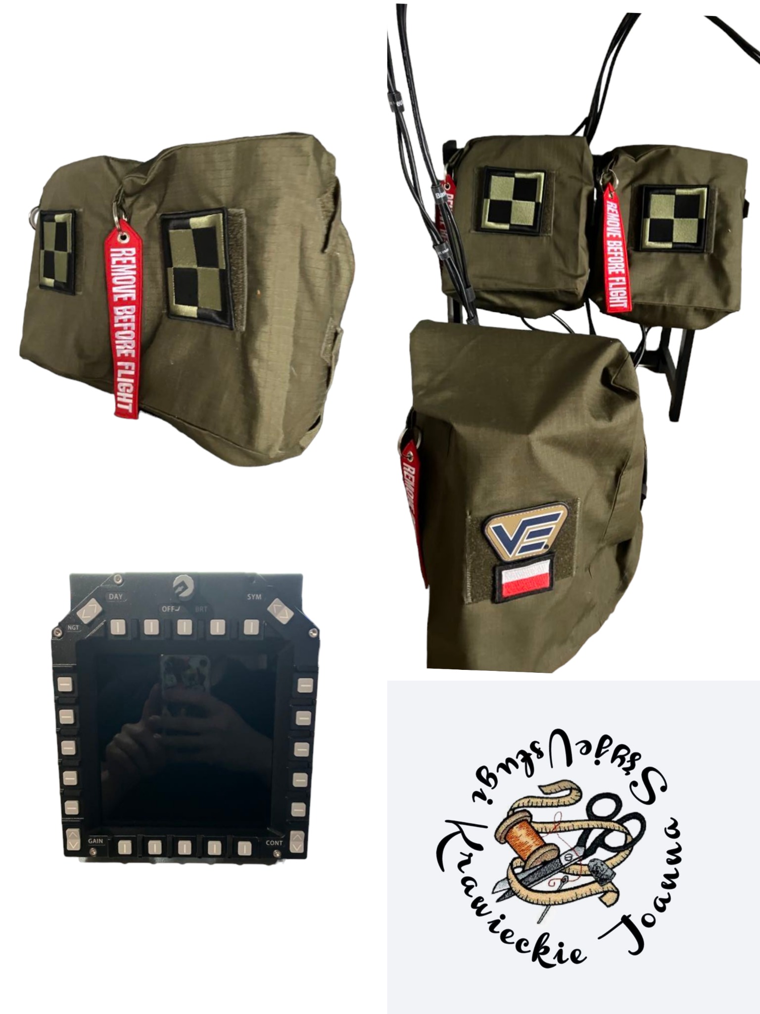 Pokrowce na sprzęt lotniczy z naszywkami i zawieszkami 'Remove Before Flight', panel sterowania lotniczego oraz logo firmy krawieckiej z motywami krawieckimi.