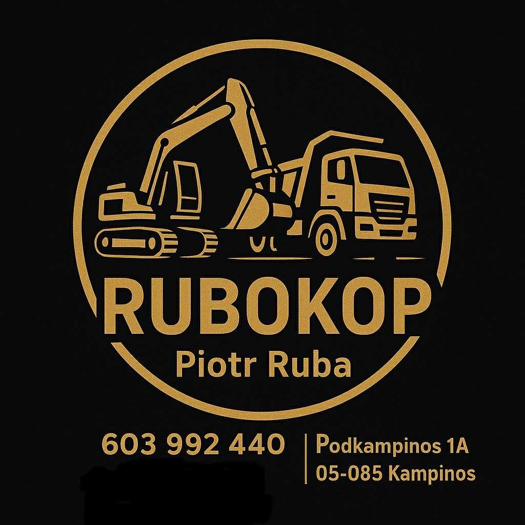 Złoty logotyp firmy RUBOKOP na czarnym tle, przedstawiający koparkę i wywrotkę w okręgu. Pod spodem dane kontaktowe i adres firmy.