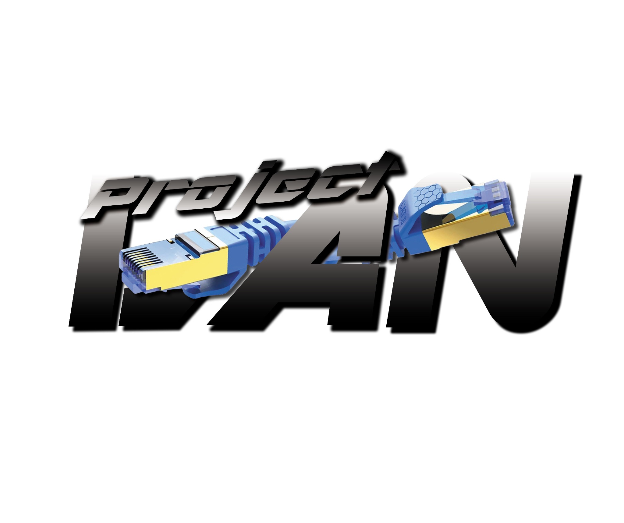 Niebieski kabel sieciowy CAT 8 z logo 'Project MAN' na białym tle. Widoczne detale wtyczki RJ45. Kabel ułożony w kształt litery 'M'.