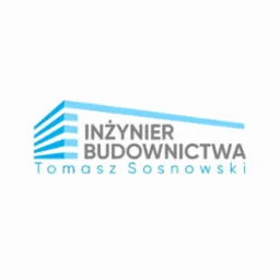 Logo firmy Inżynier Budownictwa Tomasz Sosnowski z graficznym symbolem budynku w odcieniach szarości i błękitu.