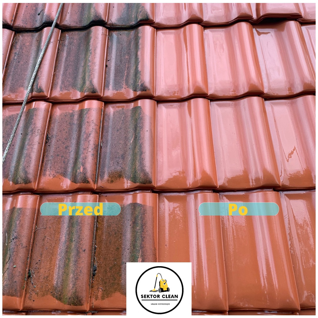 Częściowo wyczyszczona, czerwona dachówka ceramiczna, widok z góry, porównanie stanu przed i po czyszczeniu, z widocznym logo firmy sprzątającej w dolnej części.