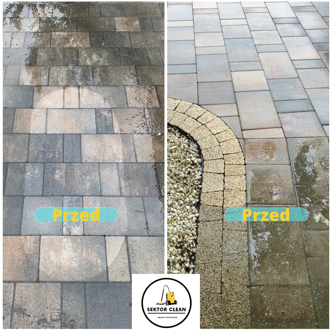 Porównanie stanu kostki brukowej przed i po czyszczeniu, z widocznym fragmentem obrzeża rabaty wysypanej drobnymi kamykami i logo firmy czyszczącej w dolnej części zdjęcia.