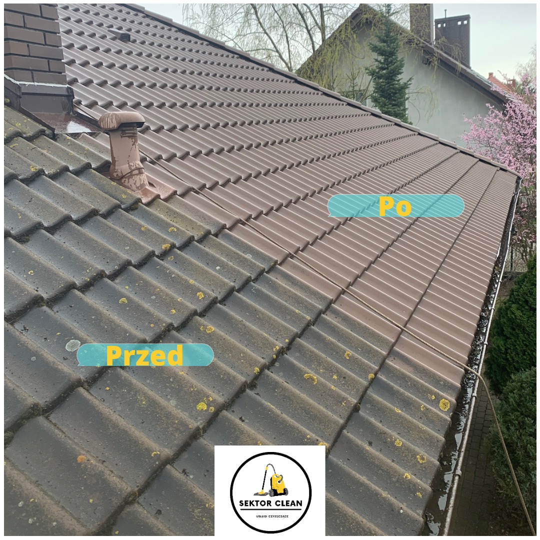 Częściowo wyczyszczony, brązowy dach z dachówki ceramicznej. Po lewej stronie widoczne zabrudzenia i porosty, po prawej czysta powierzchnia. Napisy 'Przed' i 'Po' wizualizują różnicę. W rogu logo...