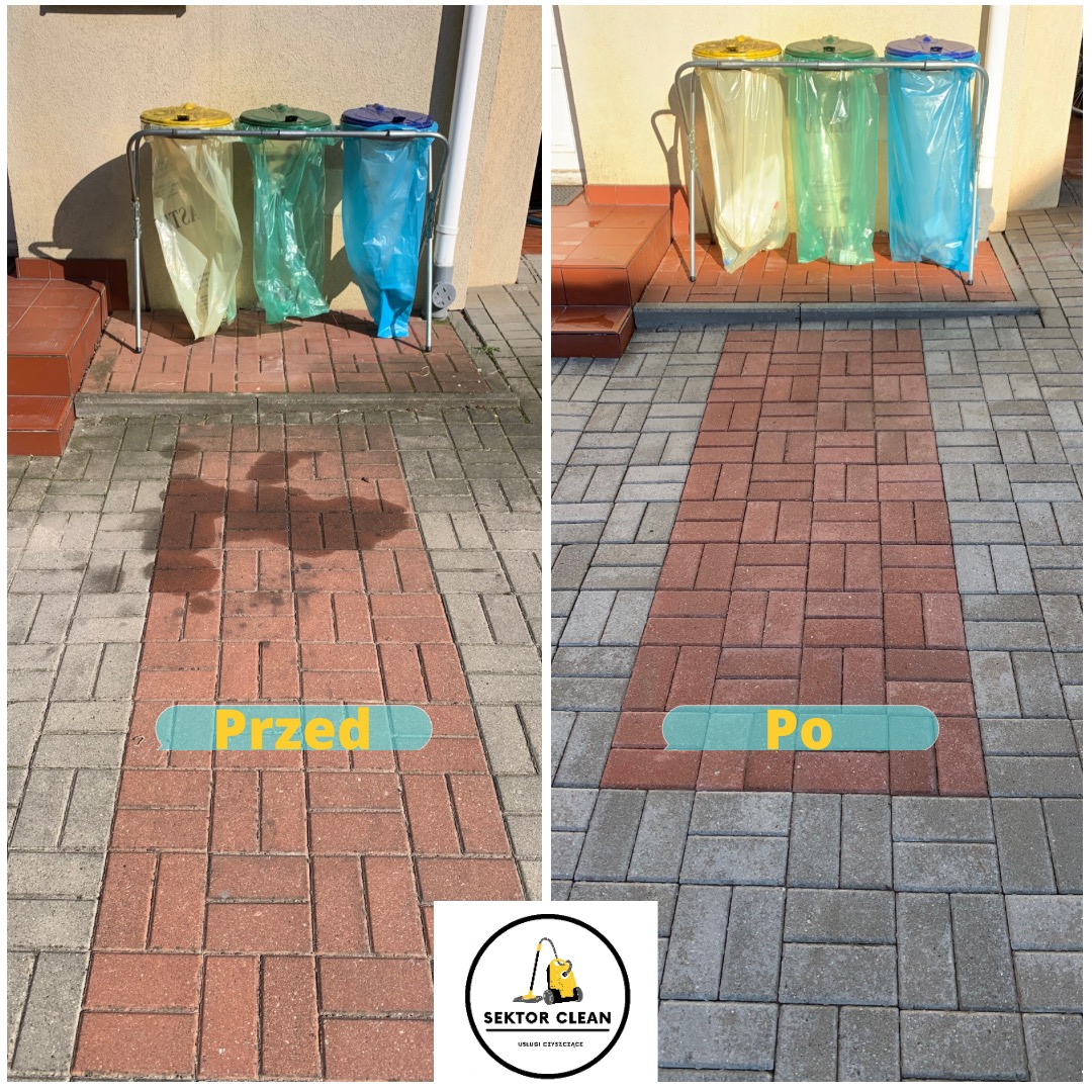 Porównanie stanu kostki brukowej przed i po czyszczeniu. Po lewej stronie widoczny obszar zabrudzony, po prawej wyczyszczony, z trzema workami na śmieci w tle i logo firmy Sektor Clean w dolnej...