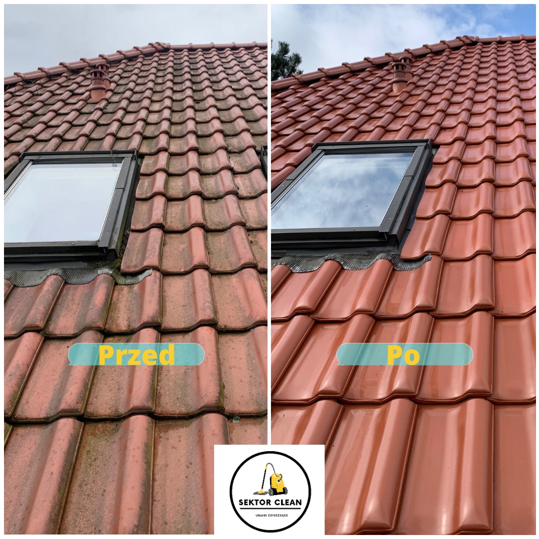 Porównanie dachu z czerwonej dachówki przed i po czyszczeniu, widoczne okno dachowe, po lewej stronie dach pokryty mchem i brudem, po prawej czysta, lśniąca dachówka, w dolnej części logo firmy.