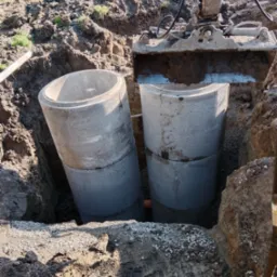 Montaż betonowych kręgów w wykopie za pomocą koparki, widoczny fragment rury kanalizacyjnej i warstwa żwiru.