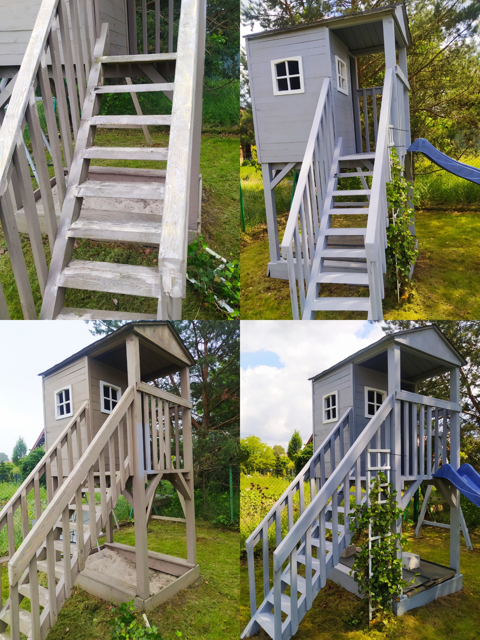 Kolaż przedstawiający drewniany domek na drzewie dla dzieci przed i po odświeżeniu farby, widoczne różnice w kolorze i wyglądzie schodów oraz detale konstrukcyjne.