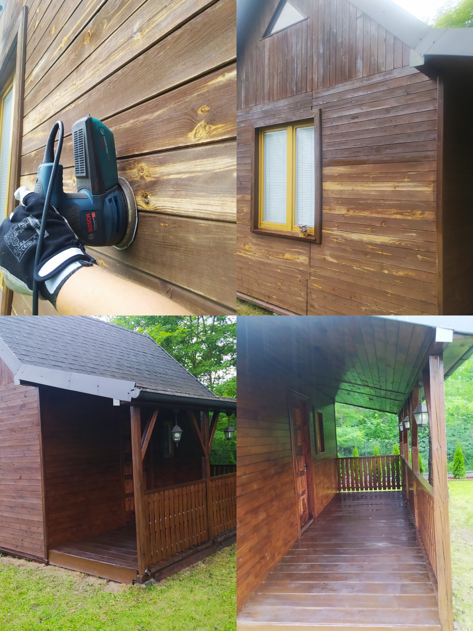 Drewniany domek, szlifowanie elewacji szlifierką elektryczną, widok na fragment elewacji z oknem, oraz taras z balustradą i widokiem na zieleń w tle.