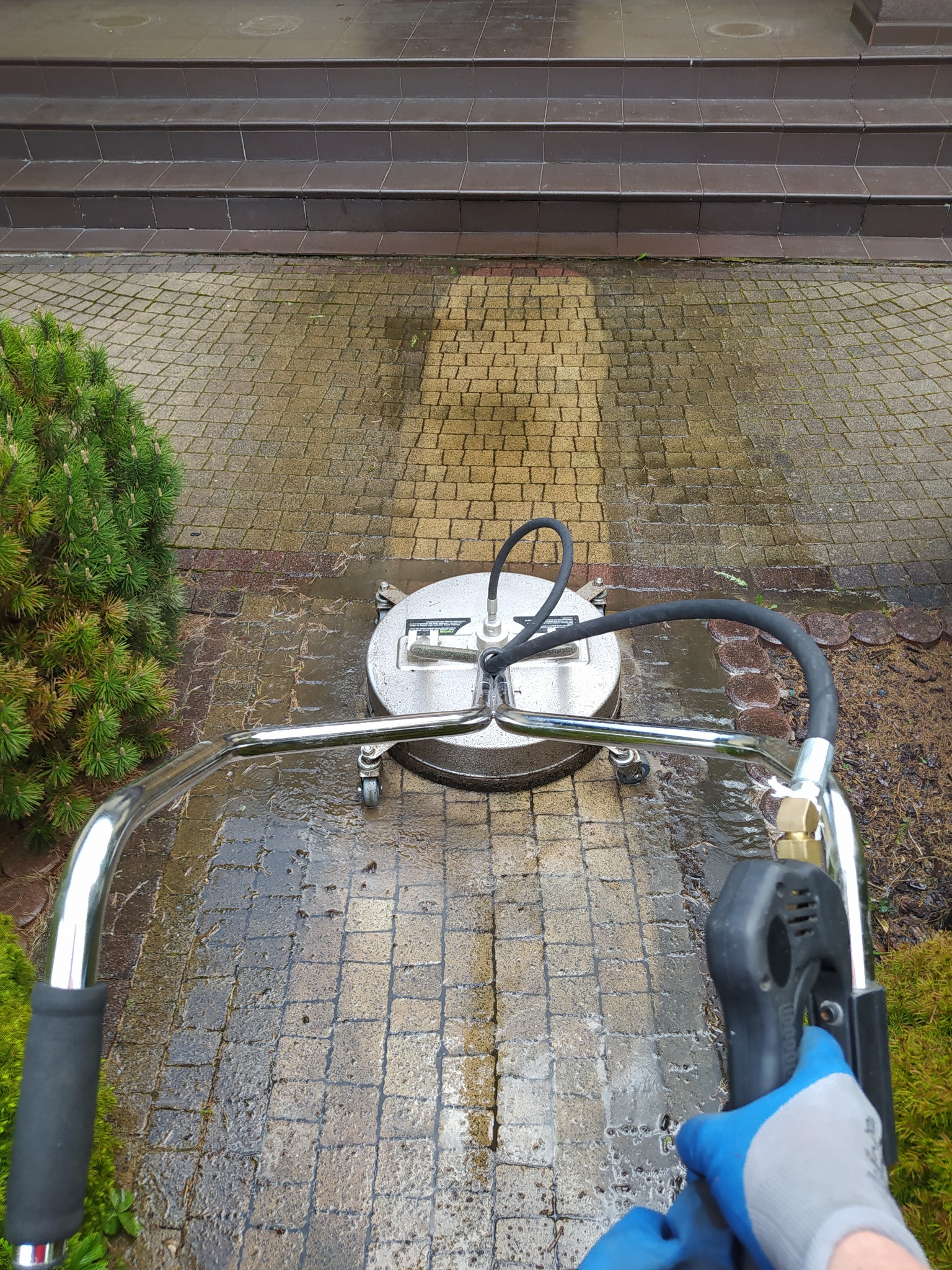 Czyszczenie kostki brukowej myjką ciśnieniową z okrągłą dyszą, widoczny efekt czyszczenia, fragment roślinności w tle