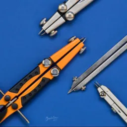 Kompozycja z czterech cyrkli kreślarskich na niebieskim tle: pomarańczowo-czarny cyrkiel z mikroregulacją, dwa srebrne cyrkle z pokrętłami i jeden srebrny cyrkiel liniowy.