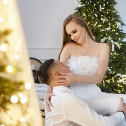 Elegancka para w białych strojach pozuje na tle choinki w studio, kobieta siedzi na mężczyźnie i delikatnie dotyka jego twarzy.