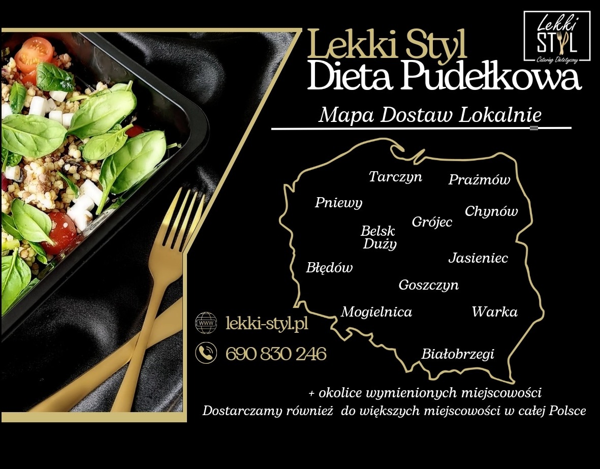 Pudełko z gotową sałatką ze świeżymi warzywami, złotymi sztućcami i grafiką z mapą dostaw lokalnych, prezentowane w eleganckim stylu.