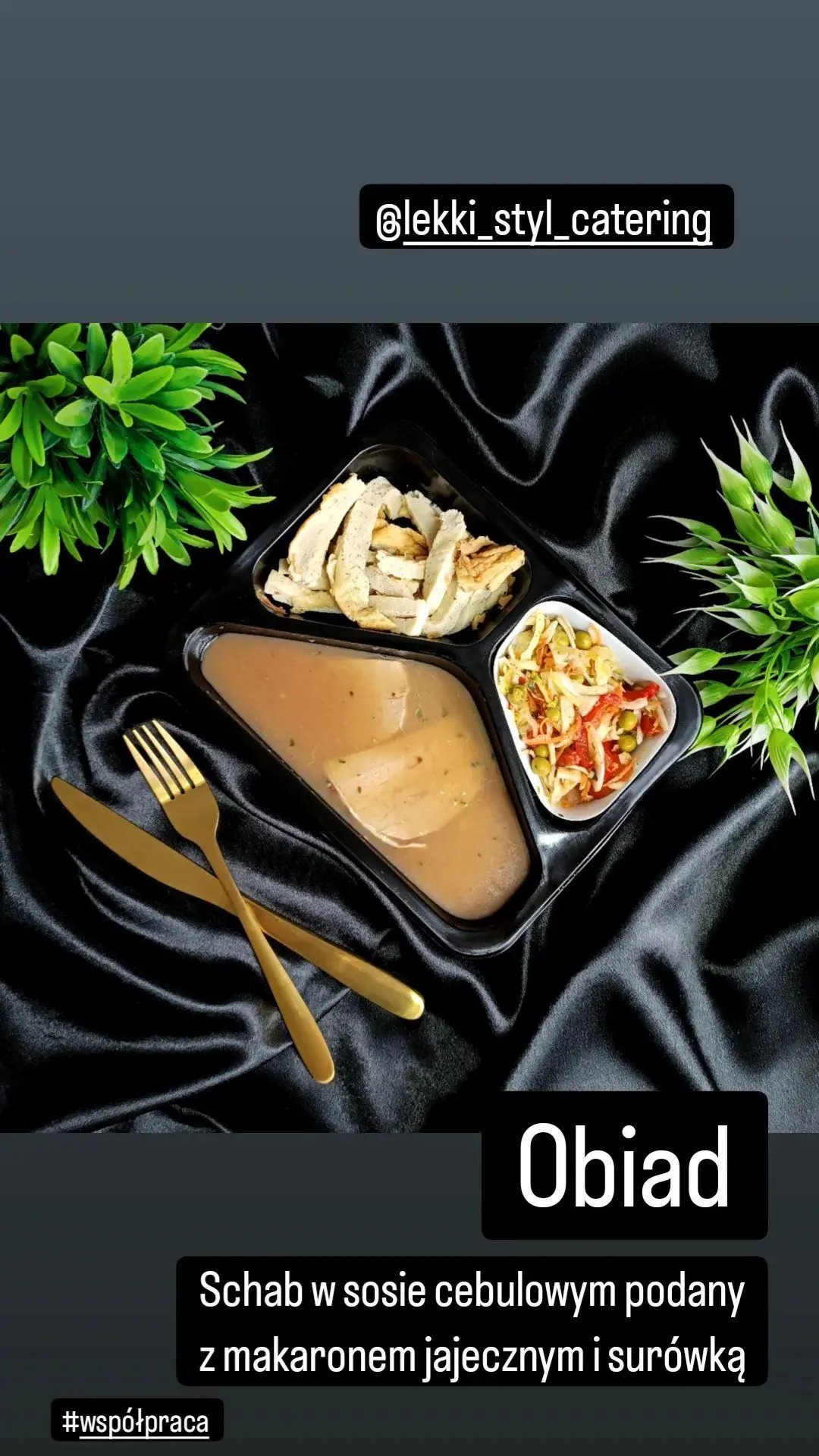 Zestaw obiadowy w czarnym pojemniku z trzema przegródkami na tle czarnej tkaniny: schab w sosie cebulowym, makaron jajeczny i surówka, złote sztućce oraz dekoracyjna roślina. Oferta z Głuchowa.