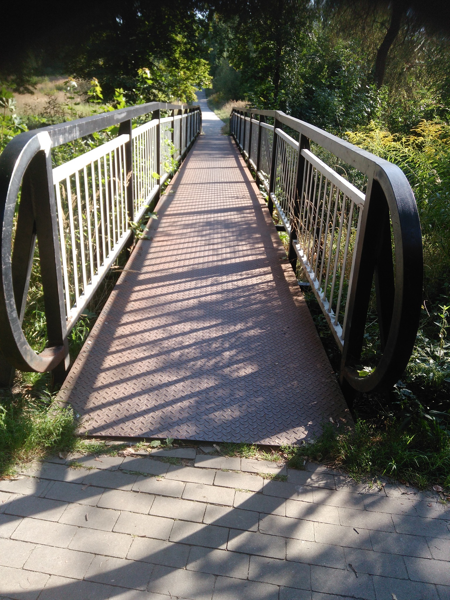 Metalowy mostek dla pieszych z czarnymi obręczami i białymi barierkami prowadzący przez zarośla, rzucający długie cienie na chodnik z kostki brukowej.