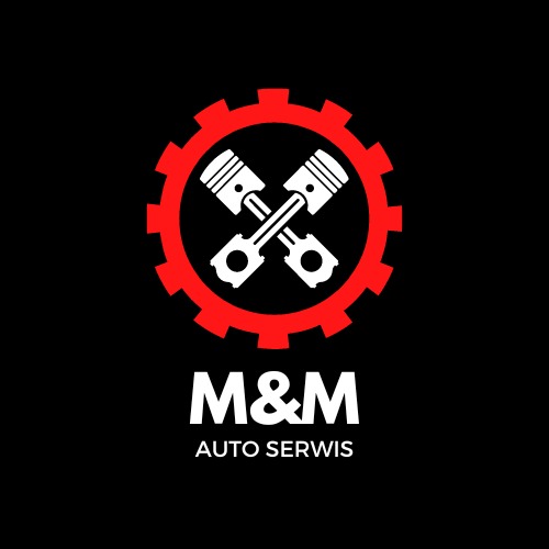Logo M&M Auto Serwis: czerwona zębatka z białymi skrzyżowanymi tłokami na czarnym tle.