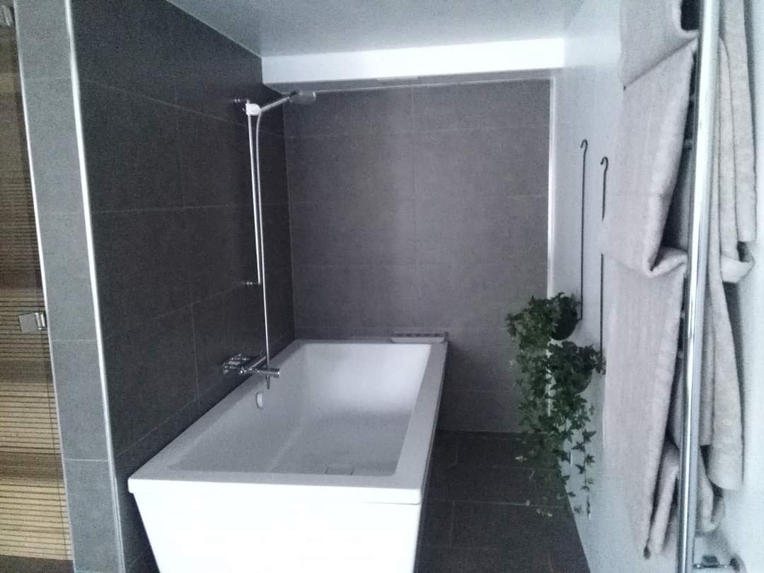 Nowoczesna łazienka z ciemnoszarymi płytkami, białą wanną z chromowaną baterią, roślinami doniczkowymi na ścianie i ręcznikami na grzejniku.