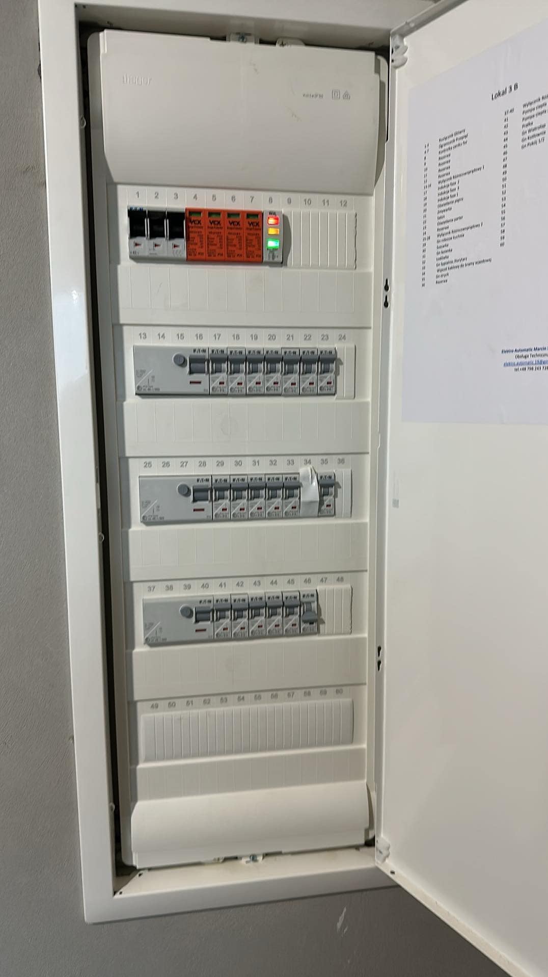 Otwarta biała skrzynka rozdzielcza Hager z bezpiecznikami, zasilaniem i listą obwodów (Lokal 3 B) przytwierdzoną do drzwi.