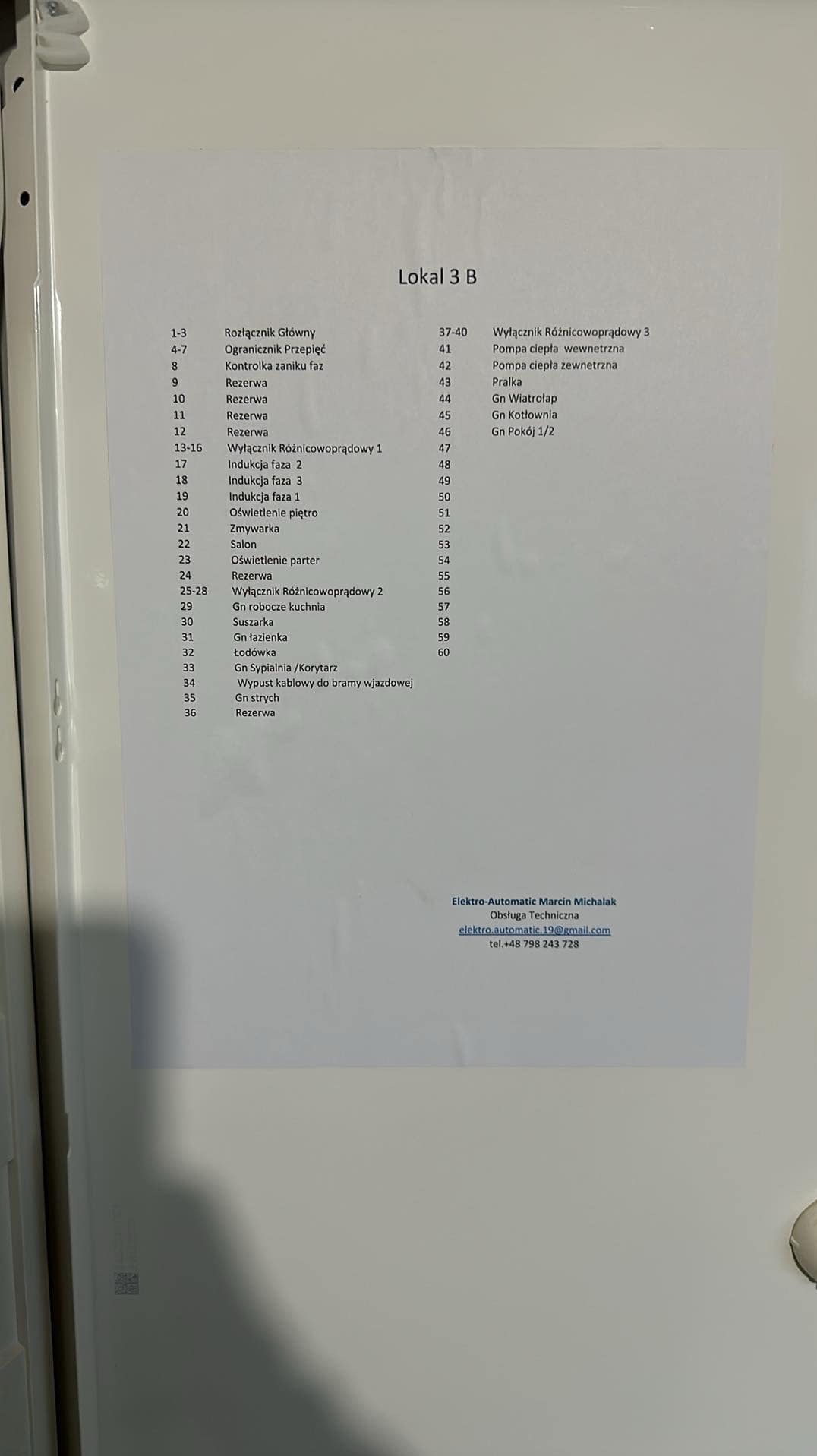 Schemat elektryczny lokalu 3B z listą obwodów i urządzeń, w tym rozłączników, ograniczników przepięć, pomp ciepła, pralek oraz informacje kontaktowe do Elektro-Automatic Marcin Michalak.