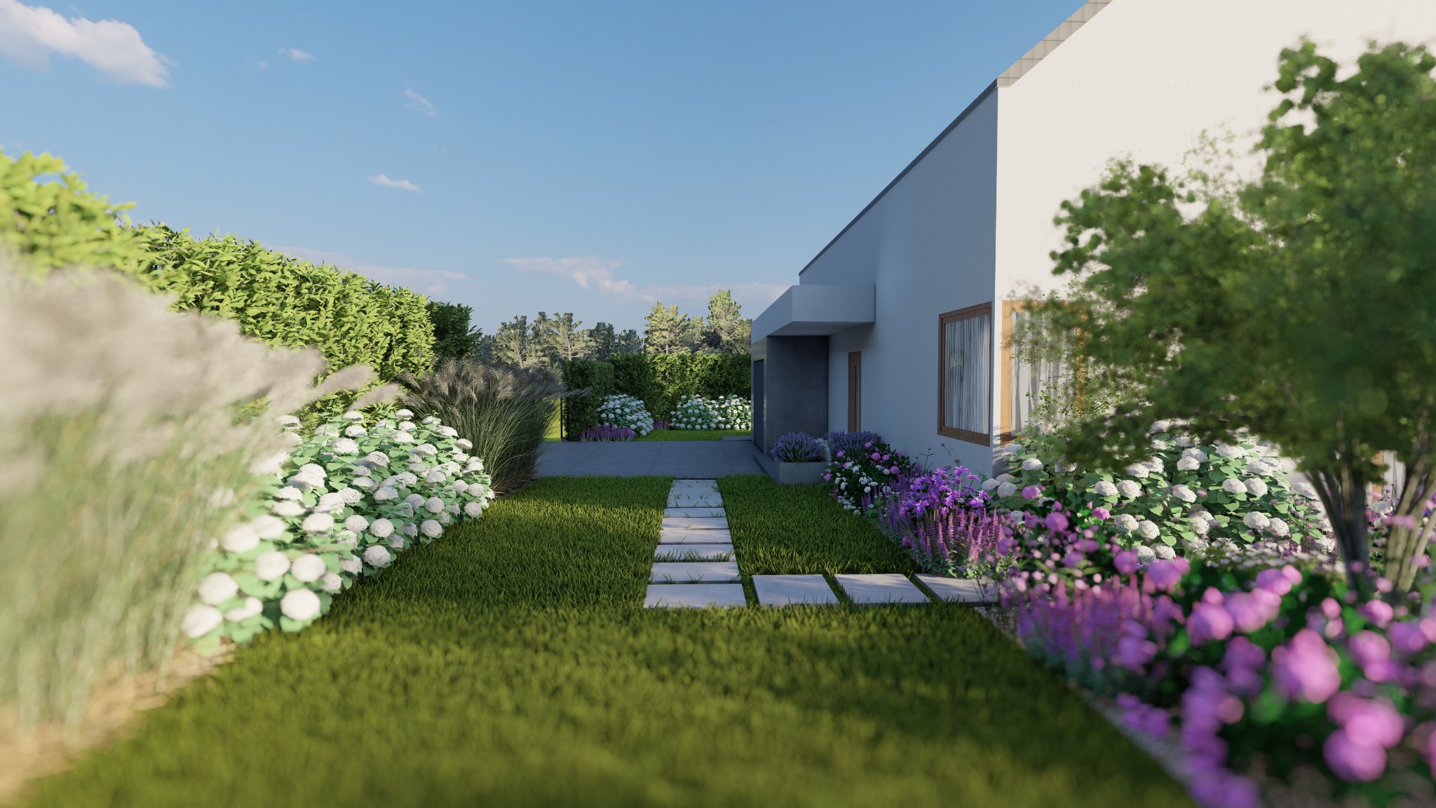 Wizualizacja ogrodu przy nowoczesnym domu z trawnikiem, ścieżką z płyt betonowych, rabatami z hortensjami i lawendą oraz żywopłotem z grabu.