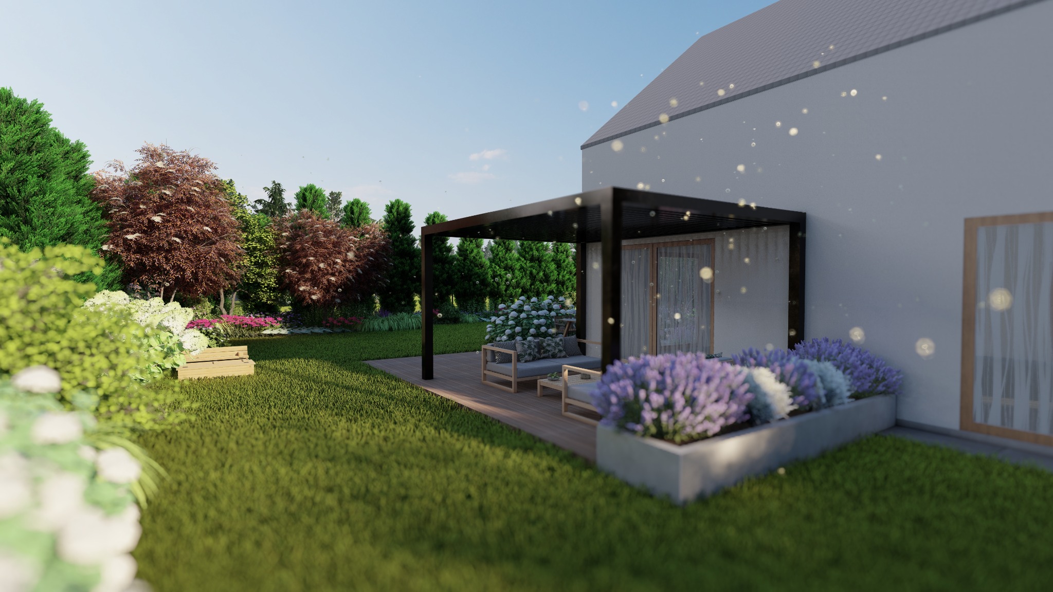 Wizualizacja ogrodu przydomowego z pergolą, meblami ogrodowymi i nasadzeniami z lawendy w betonowej donicy.