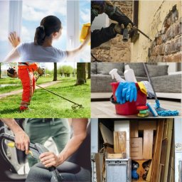 Viva Home - Mozaika zdjęć przedstawiająca różne usługi: czyszczenie okien, usuwanie farby ze ściany, koszenie trawy, wiadro ze środkami czystości, czyszczenie tapicerki samochodowej, zagracone pomieszczenie.