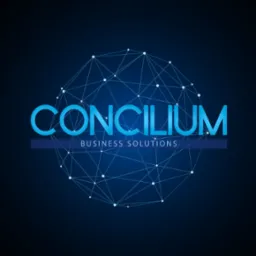 Logo firmy Concilium Business Solutions w odcieniach niebieskiego, z geometryczną siatką w tle.