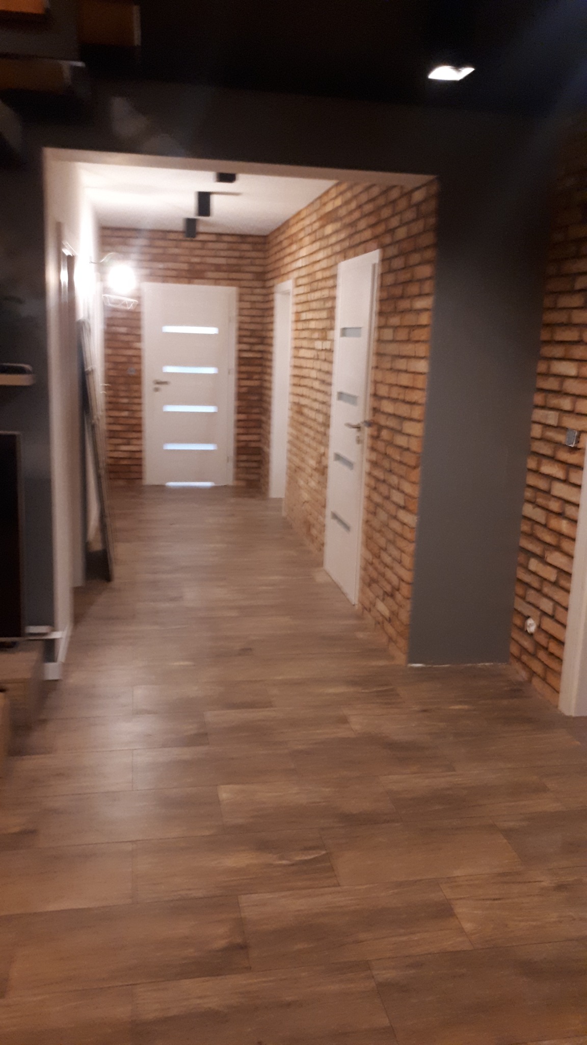 Korytarz z ceglanymi ścianami, drewnopodobną podłogą i białymi drzwiami wewnętrznymi, oświetlony punktowo, z widocznym fragmentem szarej ściany.