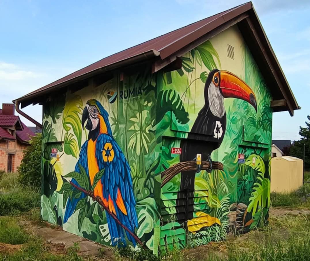 Pomysłowe malowidło na budynku: Tukan i Ara w tropikalnej scenerii, logo Rumia. Ciekawy przykład sztuki ulicznej na tle zieleni.