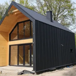 Nowoczesny dom z czarną elewacją i drewnianą konstrukcją, duże okna, komin, otoczony drzewami.