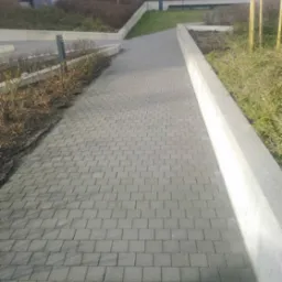 Szara, brukowana ścieżka prowadzi przez zadbany teren zielony z niską roślinnością i nowoczesnym budynkiem w tle. Widoczne drzewa bez liści.