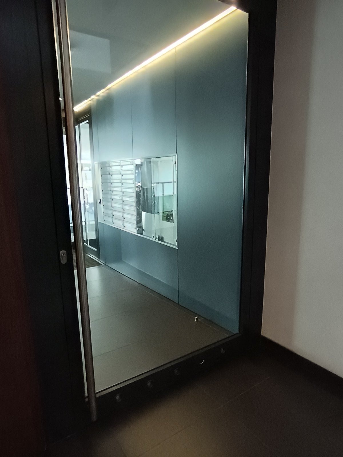 Wnętrze korytarza z rzędami skrytek pocztowych, widoczne przez otwarte, przeszklone drzwi z ciemną ramą i podświetleniem LED u góry. Czysta przestrzeń.