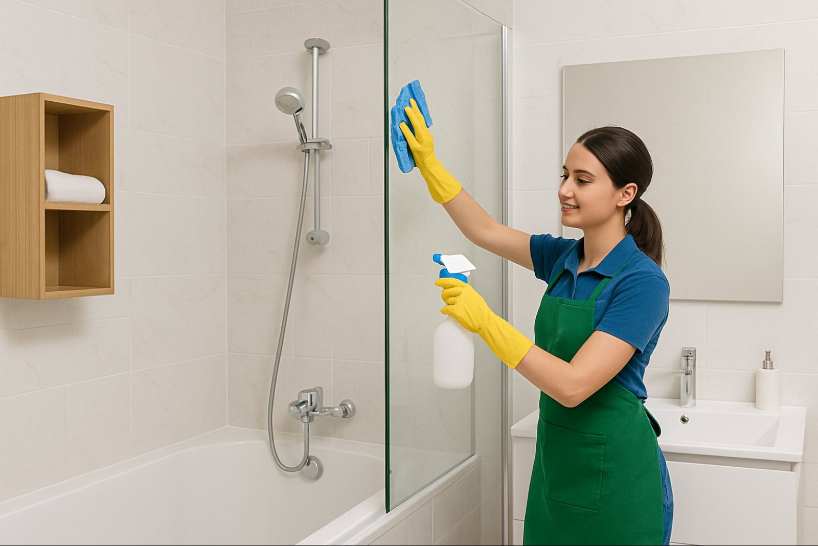 Uśmiechnięta kobieta w fartuchu i rękawicach czyści kabinę prysznicową niebieską ściereczką i białym spryskiwaczem w jasnej łazience.