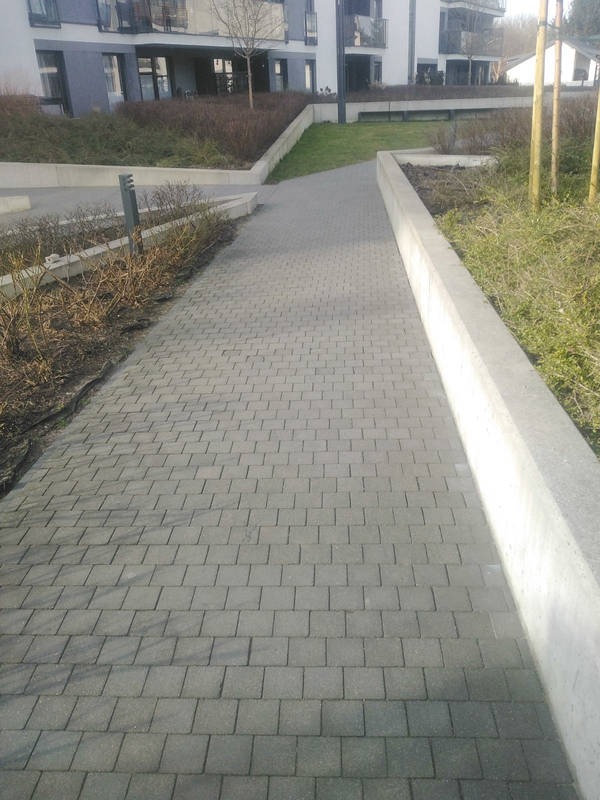 Szara, brukowana ścieżka prowadzi przez zadbany teren zielony z niską roślinnością i nowoczesnym budynkiem w tle. Widoczne drzewa bez liści.