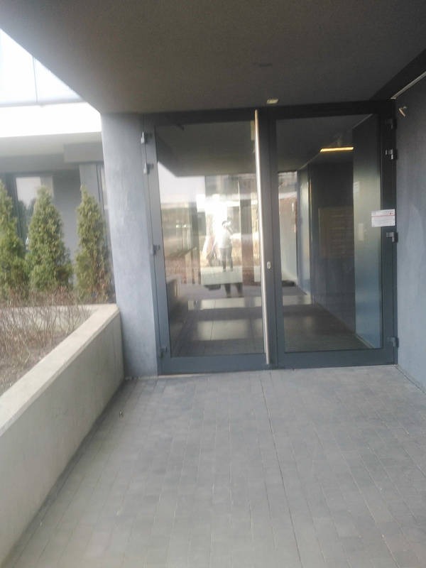 Szare, przeszklone drzwi wejściowe do budynku z widocznym odbiciem osoby w środku. Na zewnątrz wyłożony kostką chodnik i niewielkie drzewka iglaste.