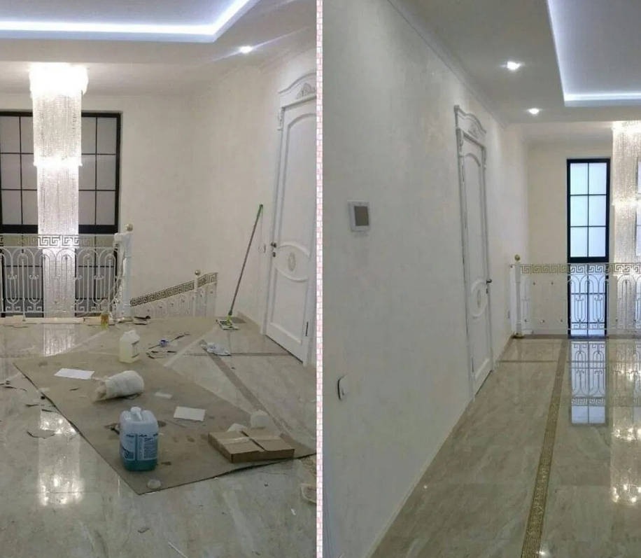 Porównanie: wnętrze przed i po sprzątaniu. Po lewej bałagan, po prawej czysty marmur, białe ściany z dekorami i kryształowy żyrandol.