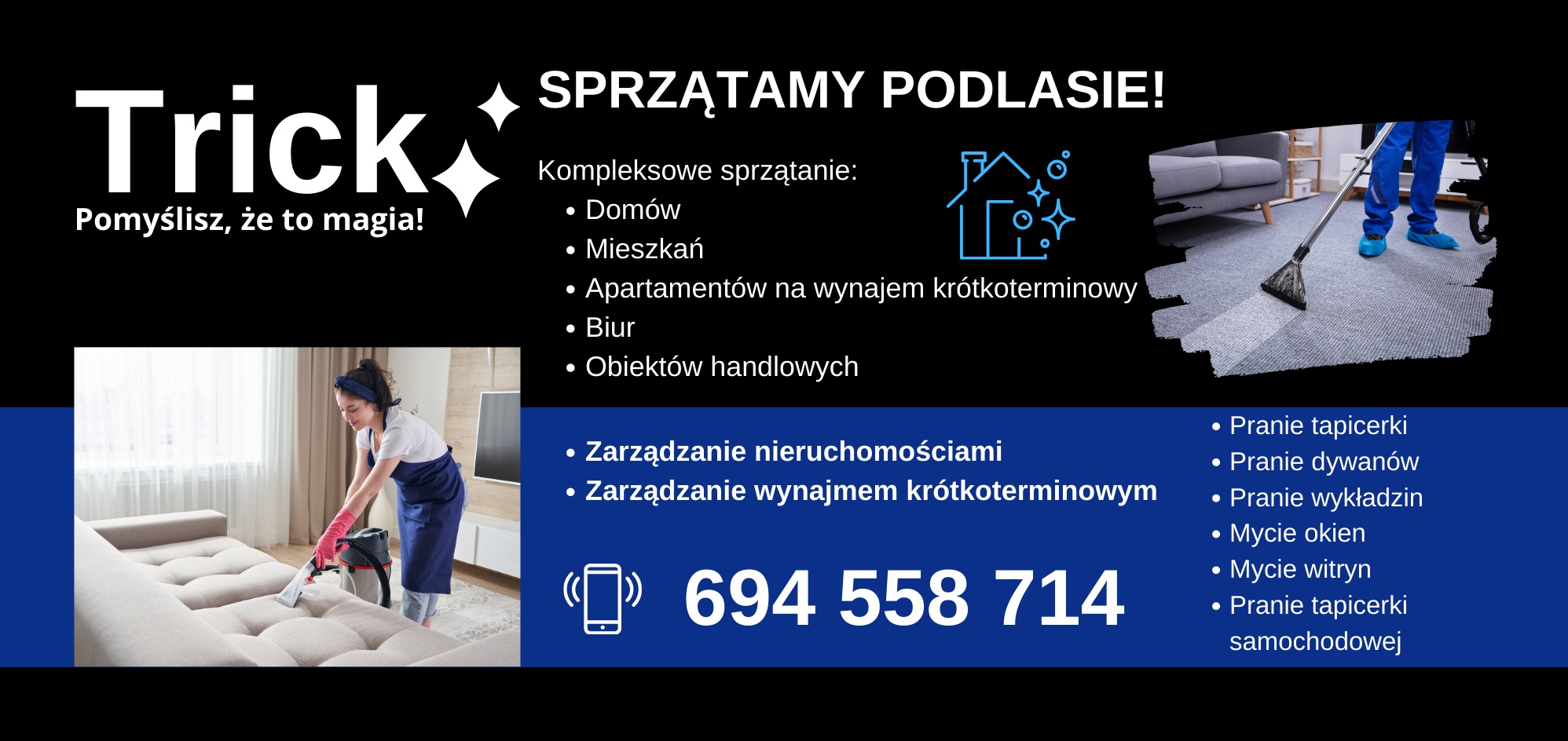 Kobieta w niebieskim fartuchu i różowych rękawicach czyści jasną tapicerkę sofy za pomocą odkurzacza piorącego w jasnym salonie.