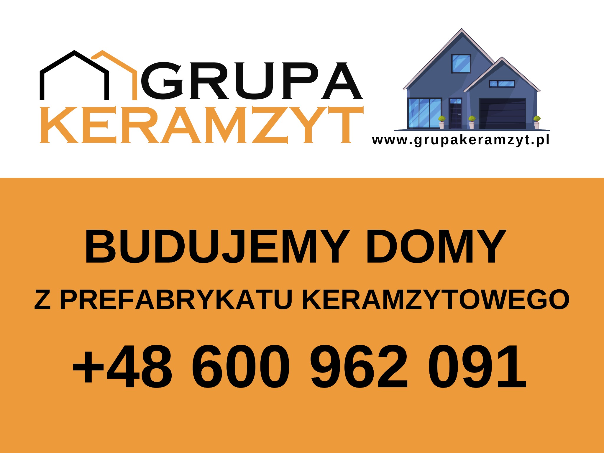 Grafika z logo firmy budującej domy z prefabrykatu keramzytowego, zawierająca wizualizację domu i dane kontaktowe.