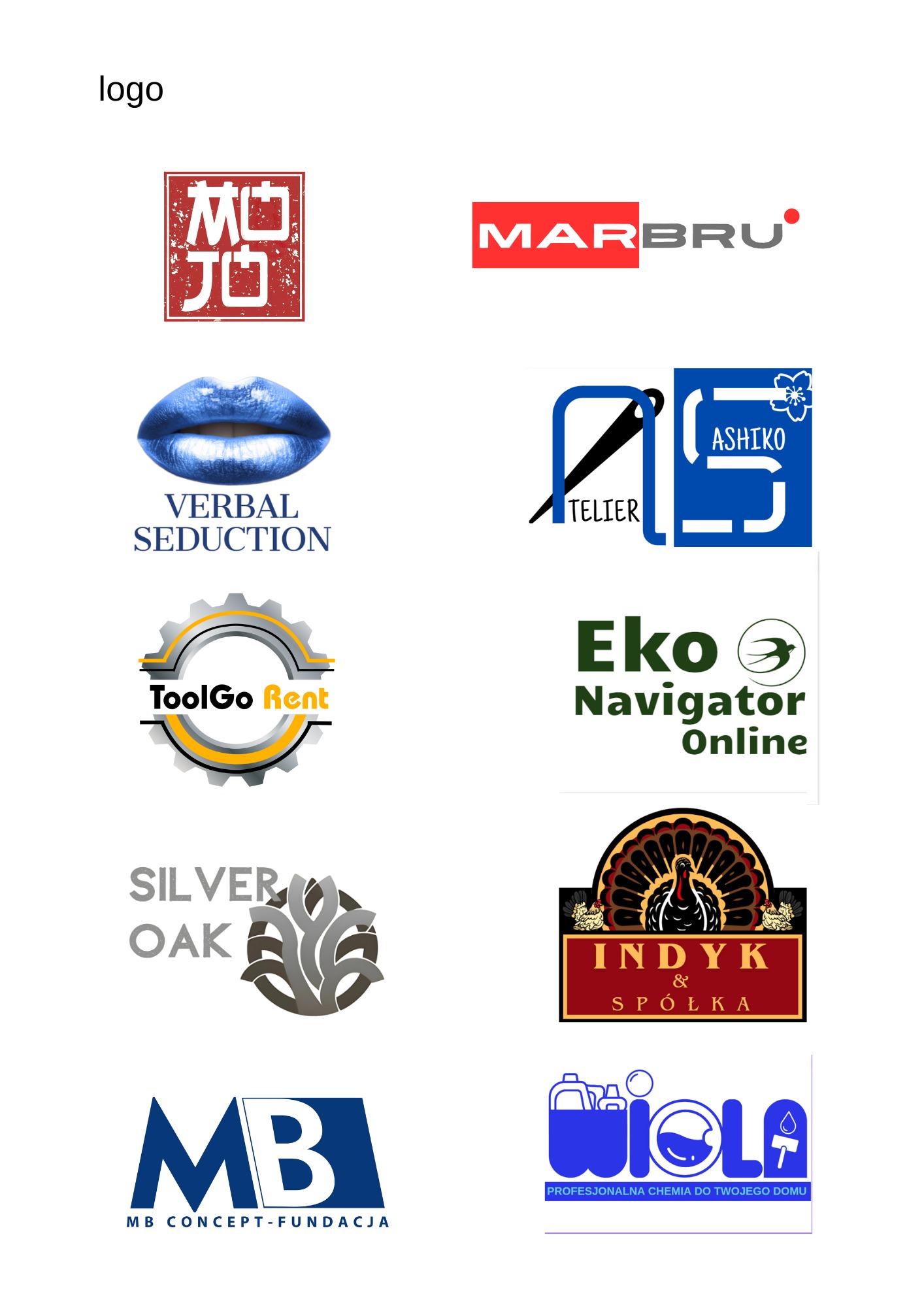 Kolekcja różnorodnych logotypów: abstrakcyjne symbole, nazwy firm (MARBRU, Verbal Seduction, Eko Navigator Online, Silver Oak, Indyk&Spolka, Viola) i znaki graficzne.