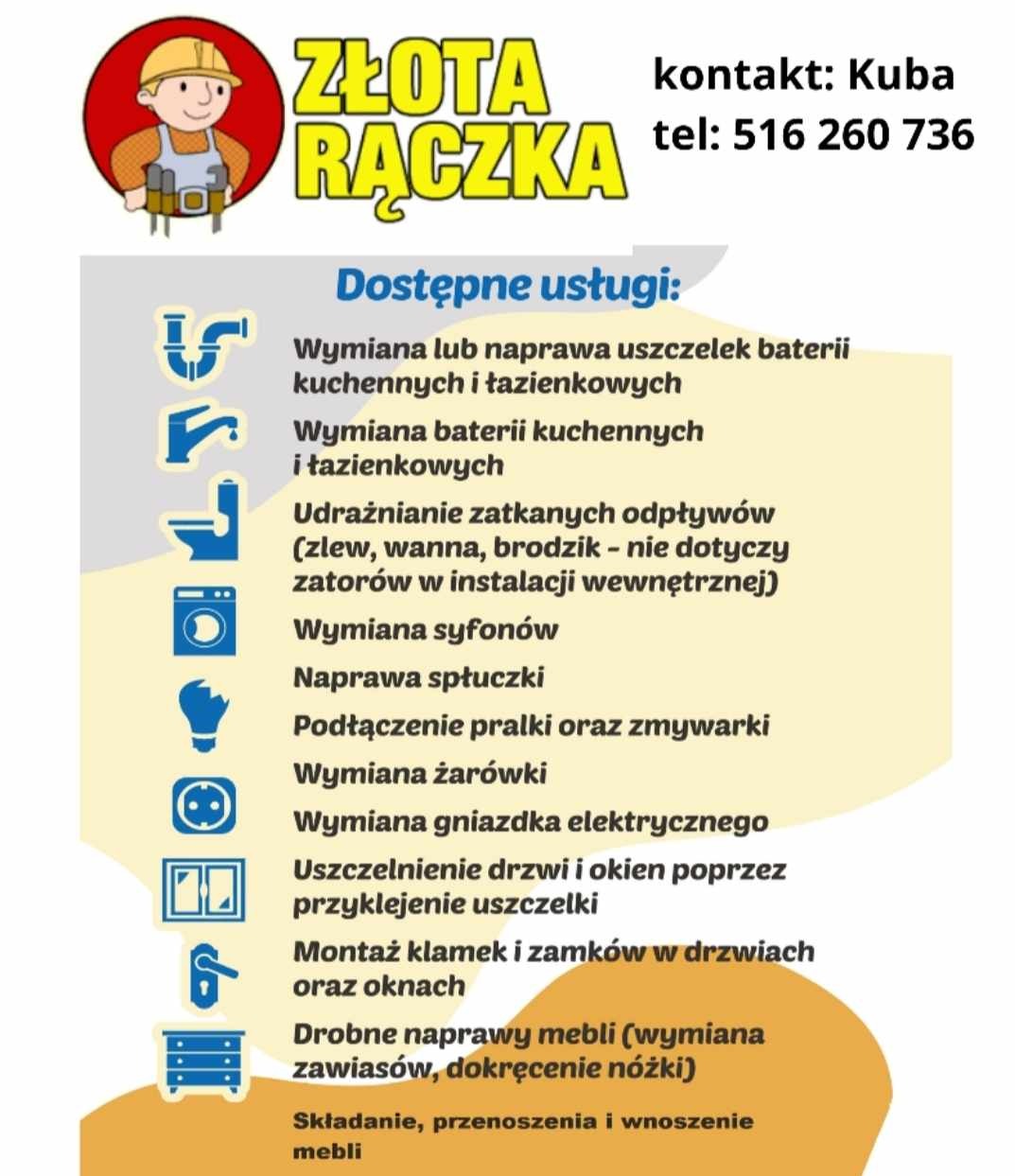 Grafika reklamowa firmy Złota Rączka z listą dostępnych usług, obejmujących hydraulikę, elektrykę, naprawy mebli i serwis drzwi.