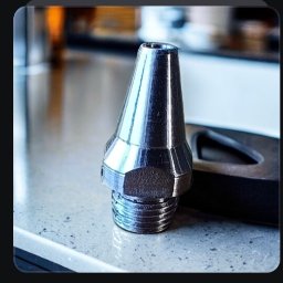 S-metal Siwiec Piotr - Chromowana dysza metalowa z gwintem, widoczna na jasnym blacie, z delikatnym odbiciem światła.