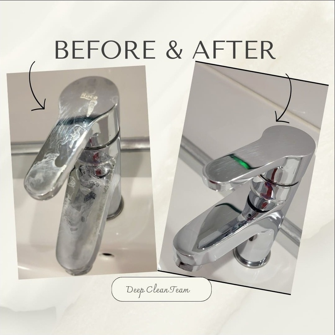 Porównanie kranu przed i po czyszczeniu: po lewej stronie kran pokryty osadem, po prawej lśniący, chromowany kran bez śladów zabrudzeń.