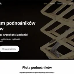 Strona internetowa firmy RentoLift z Wrocławia, oferującej wynajem podnośników, z graficzną prezentacją mechanizmu podnośnika na czarnym tle.